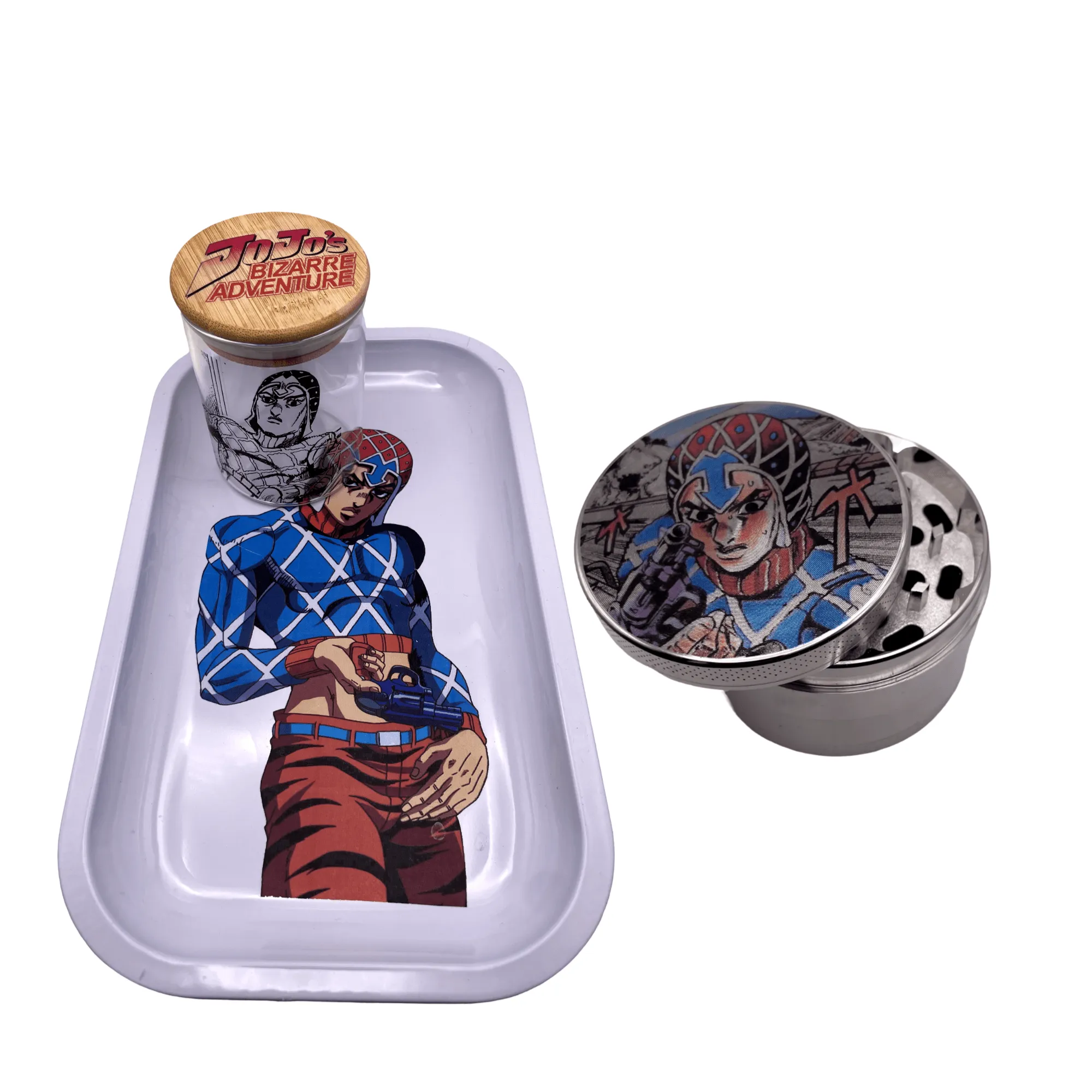 Jojos Bizzare Adventure Anime Spice Grinder, Stash Jar, Rolling Tray Set