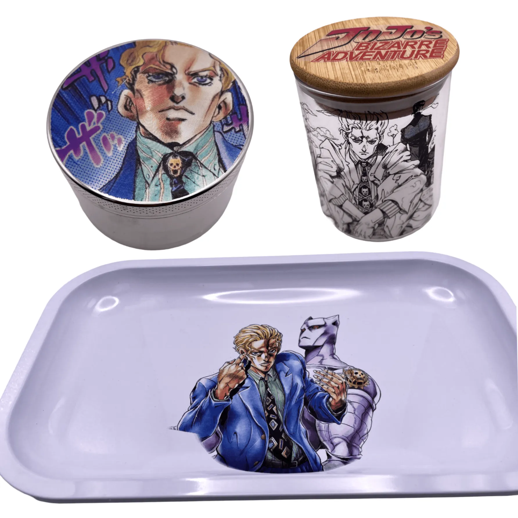 Jojos Bizzare Adventure Anime Spice Grinder, Stash Jar, Rolling Tray Set