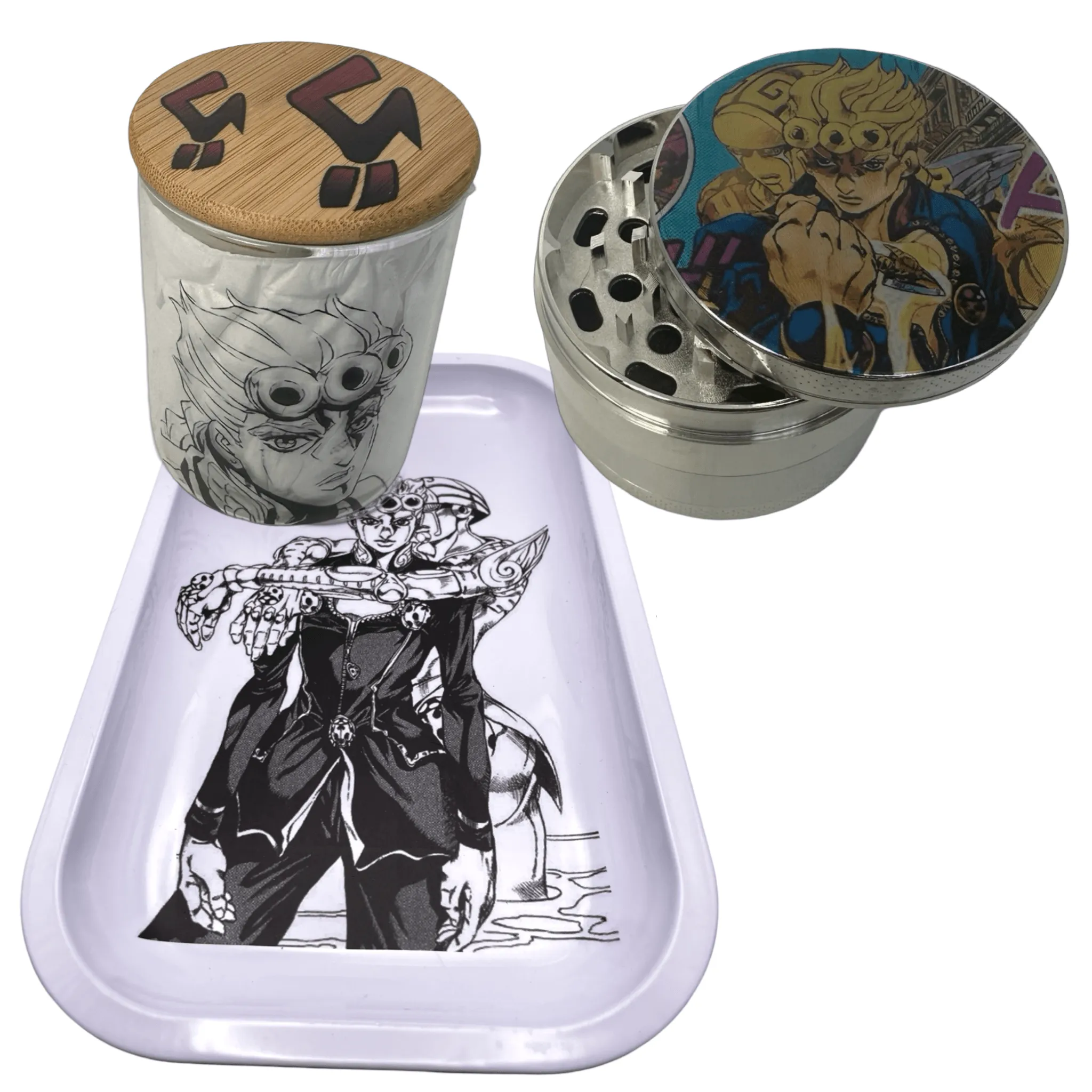 Jojos Bizzare Adventure Anime Spice Grinder, Stash Jar, Rolling Tray Set