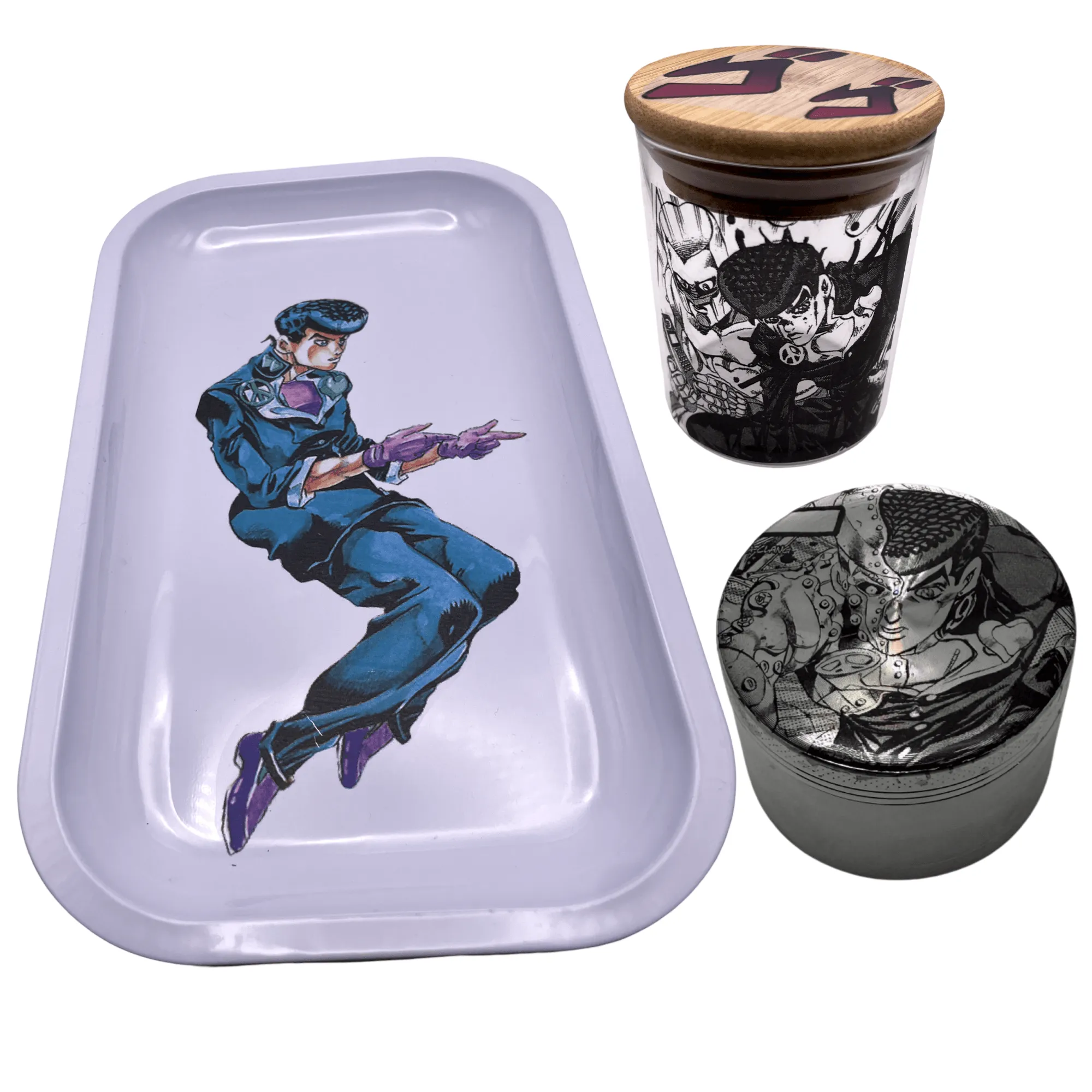 Jojos Bizzare Adventure Anime Spice Grinder, Stash Jar, Rolling Tray Set