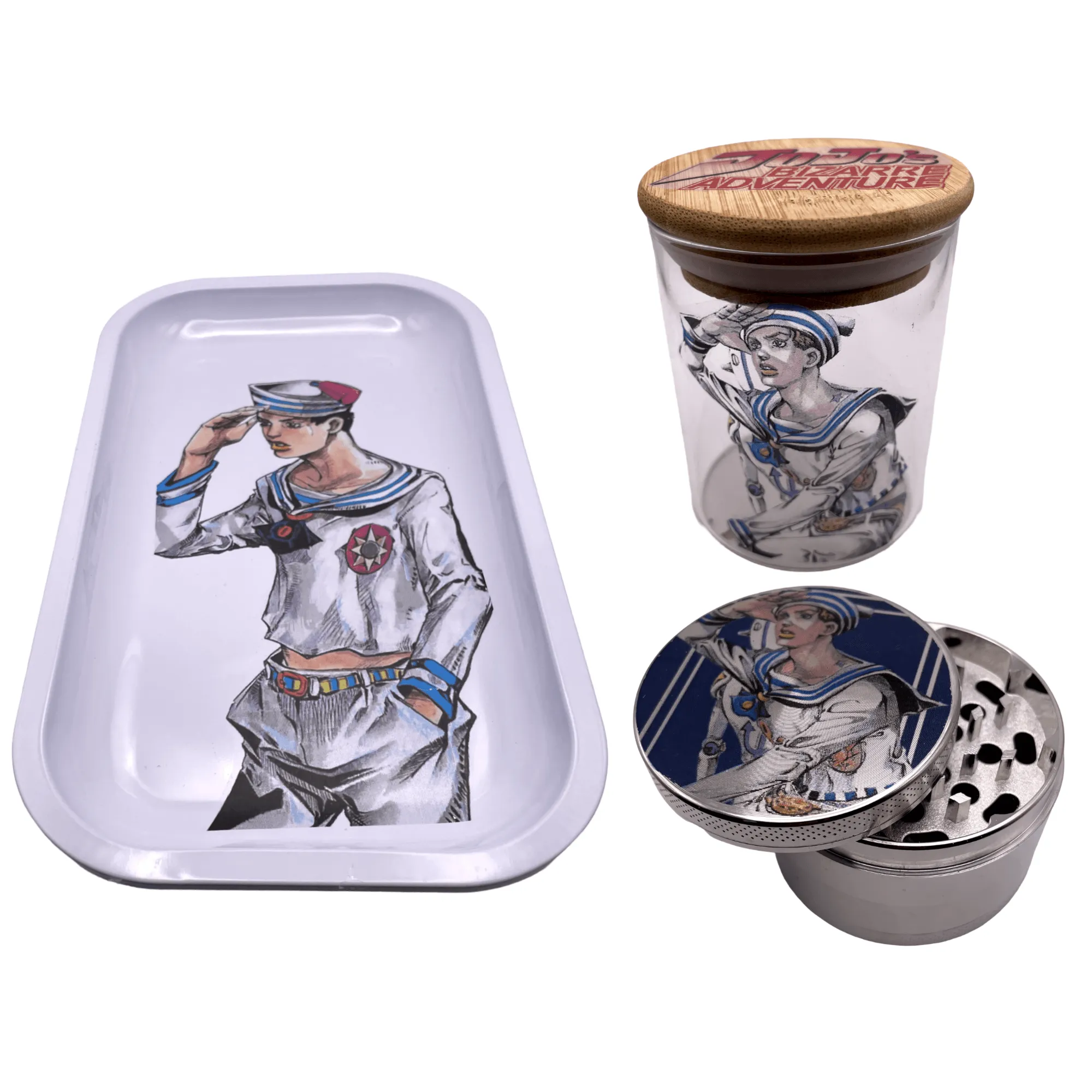 Jojos Bizzare Adventure Anime Spice Grinder, Stash Jar, Rolling Tray Set