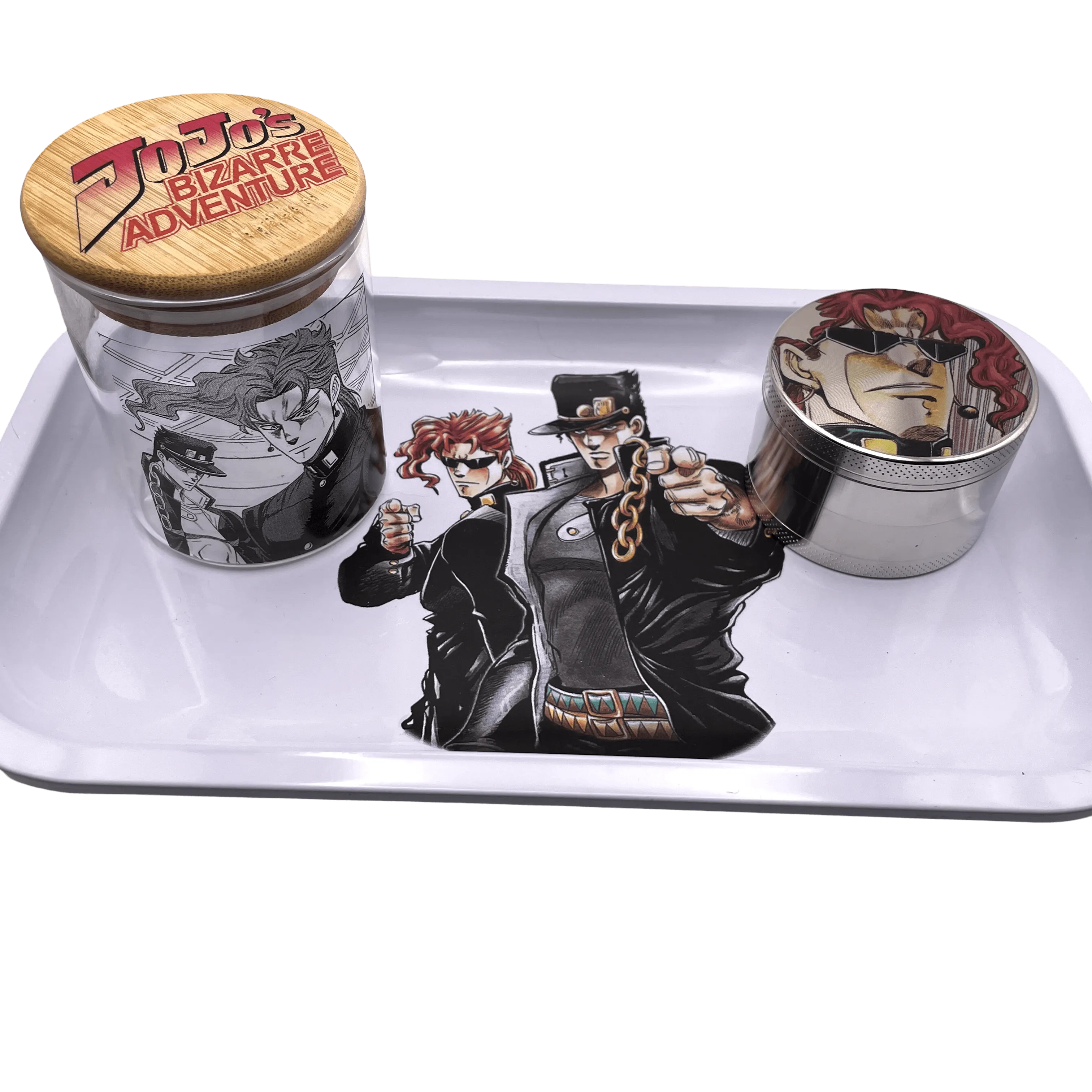 Jojos Bizzare Adventure Anime Spice Grinder, Stash Jar, Rolling Tray Set