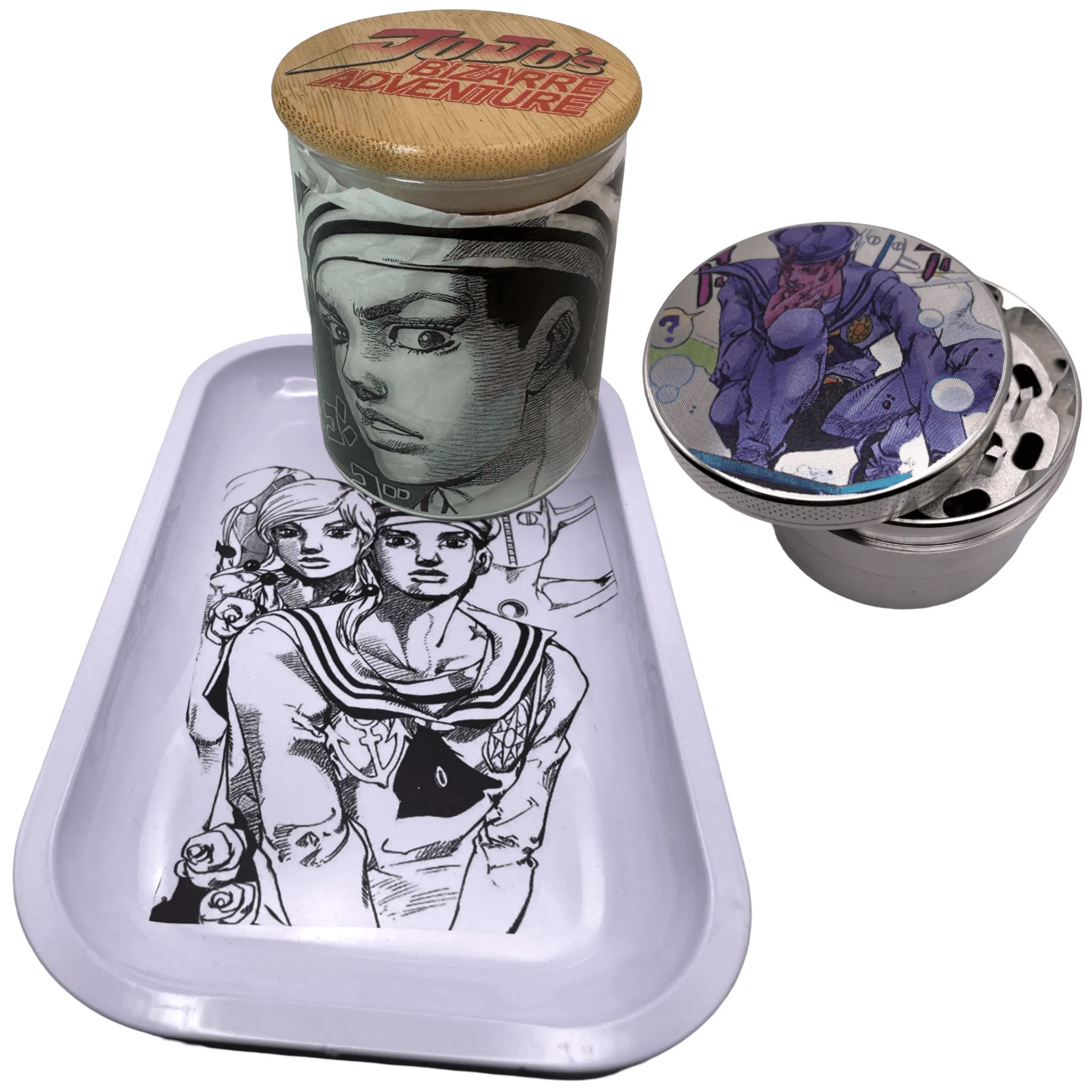 Jojos Bizzare Adventure Anime Spice Grinder, Stash Jar, Rolling Tray Set