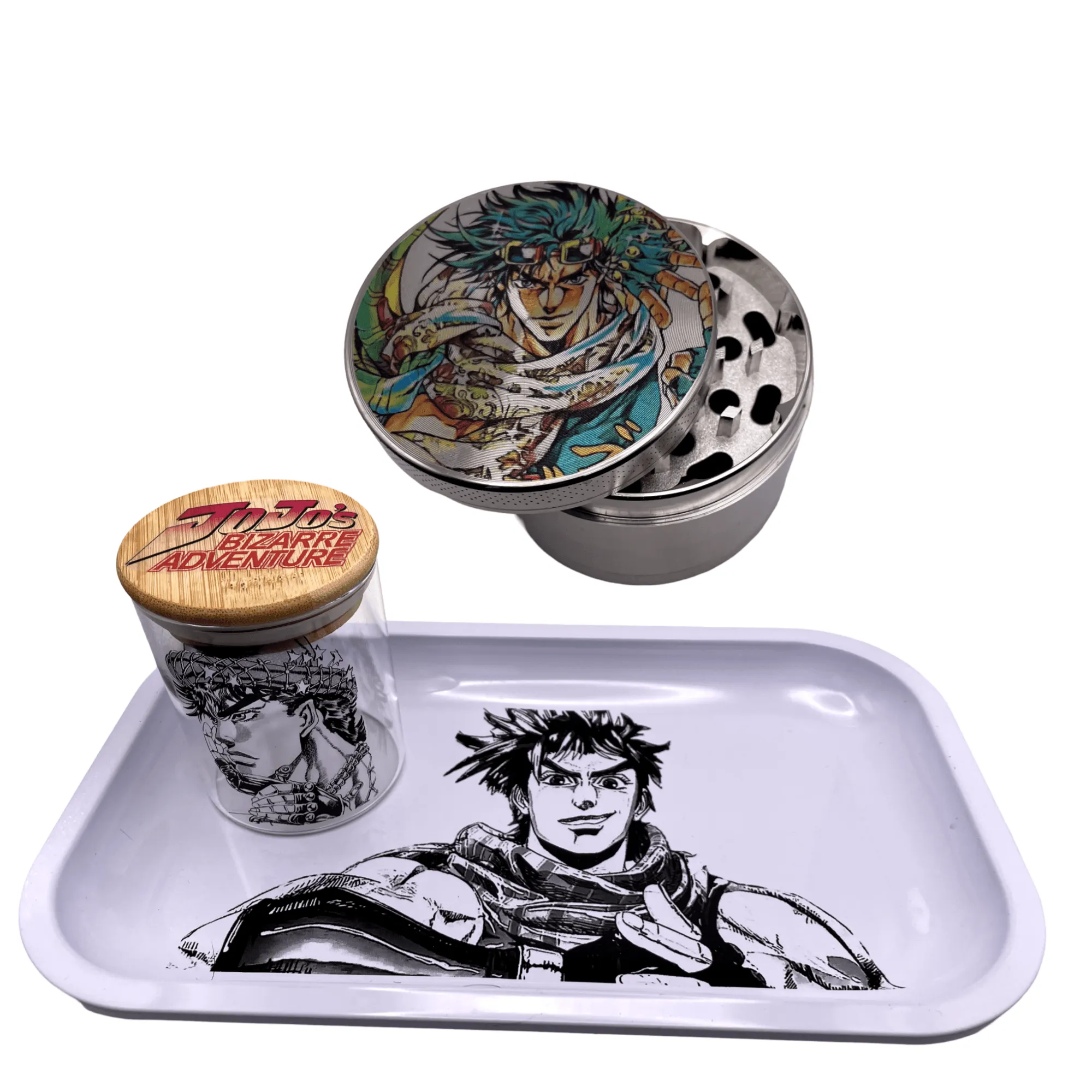 Jojos Bizzare Adventure Anime Spice Grinder, Stash Jar, Rolling Tray Set