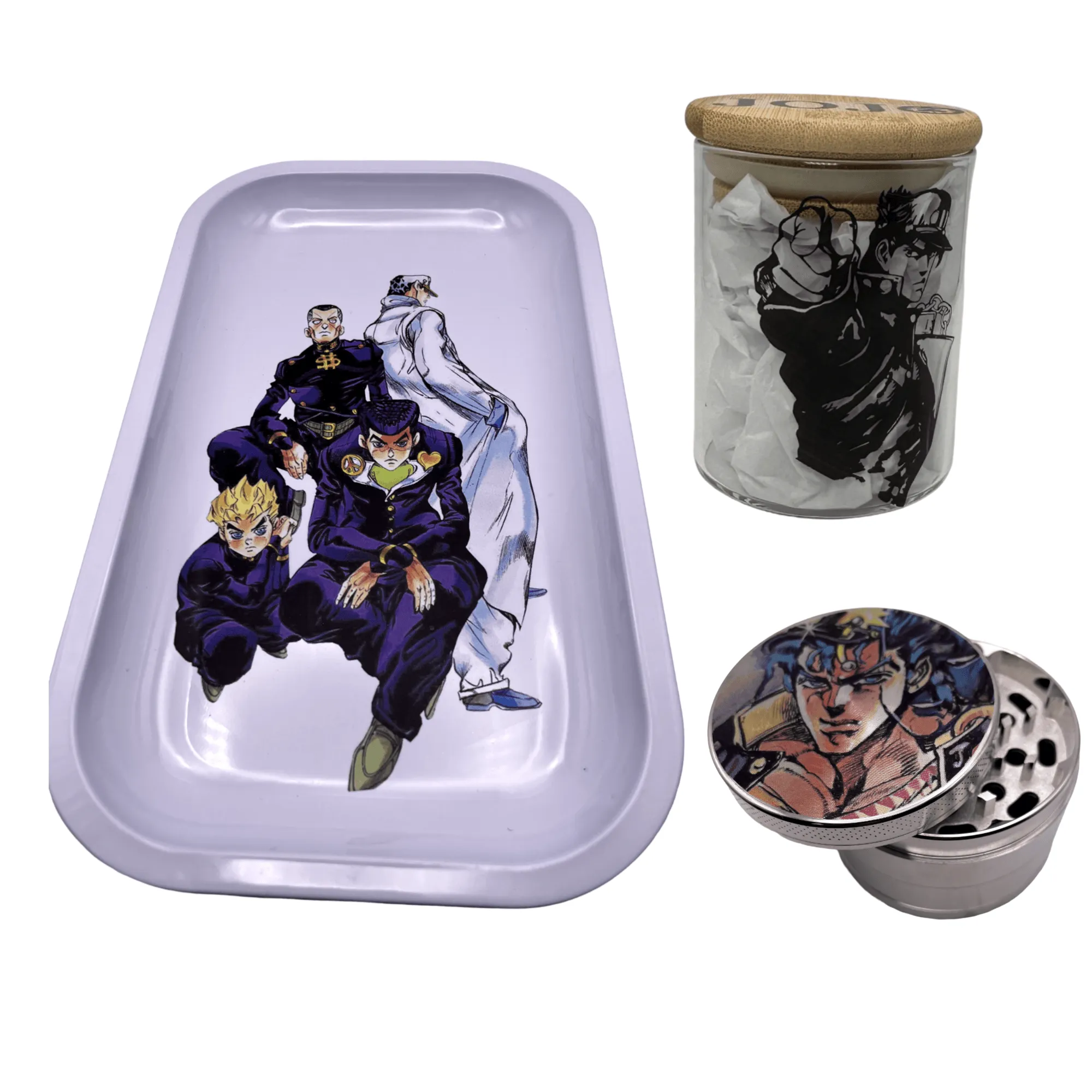 Jojos Bizzare Adventure Anime Spice Grinder, Stash Jar, Rolling Tray Set