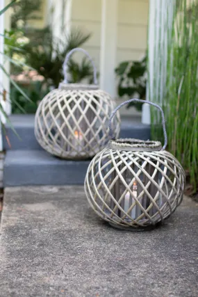 Large Low Round Grey Willow Lantern With Glass