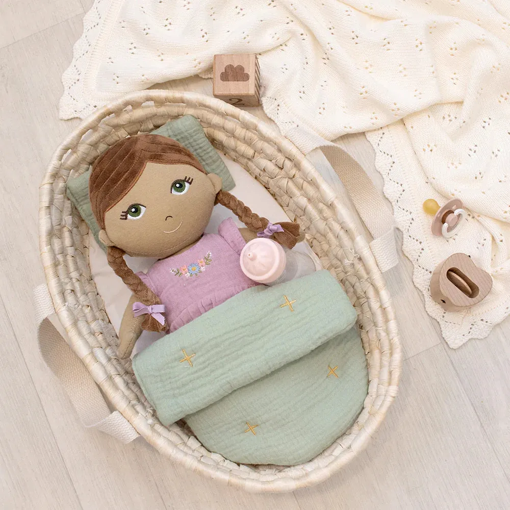 Living Textiles - Rattan Doll Moses Basket set - Sage