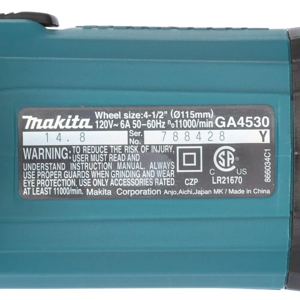 Makita 4-1/2" Small Angle Grinder - 6 Amps 11,000 rpm - 120 V - GA4530 - 2292662