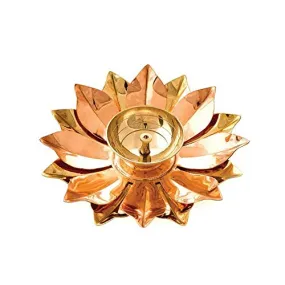 Menzy Festive Cheers Lotus Shape Akhand Diya Oil Puja Lamp for Office Home Mandir or Temple, Brass Diyas for Pooja Decoration or Diwali Gifts - Golden