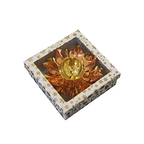 Menzy Festive Cheers Lotus Shape Akhand Diya Oil Puja Lamp for Office Home Mandir or Temple, Brass Diyas for Pooja Decoration or Diwali Gifts - Golden