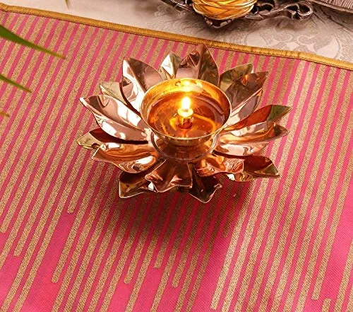 Menzy Festive Cheers Lotus Shape Akhand Diya Oil Puja Lamp for Office Home Mandir or Temple, Brass Diyas for Pooja Decoration or Diwali Gifts - Golden