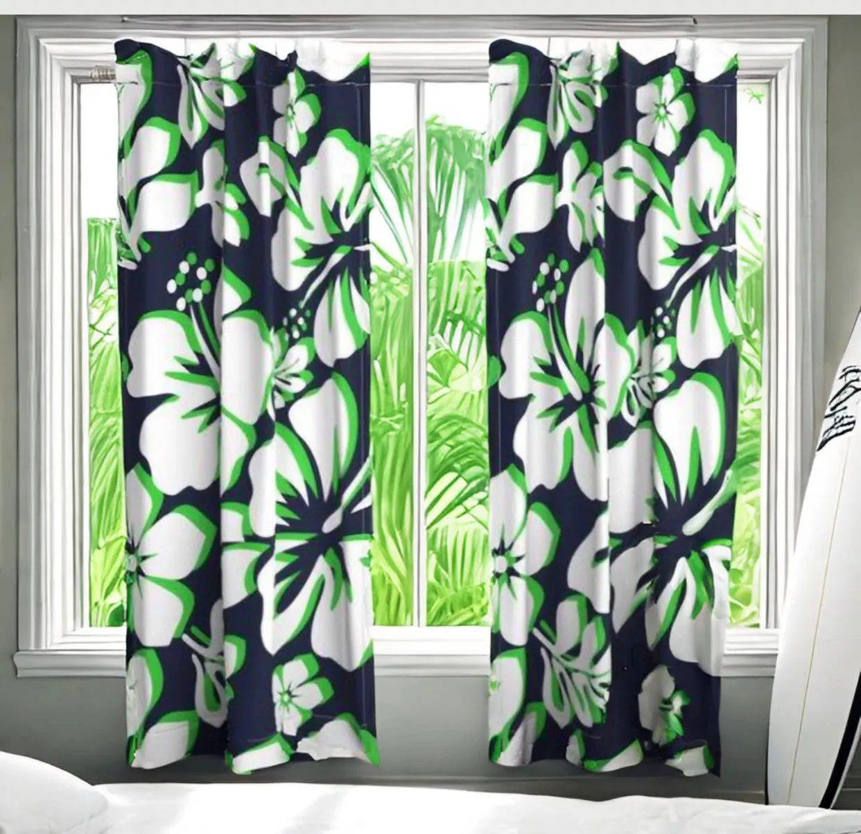 Navy Blue, Lime Green and White Hawaiian Flowers Sheet Set from Surfer Bedding™️ Large Scale