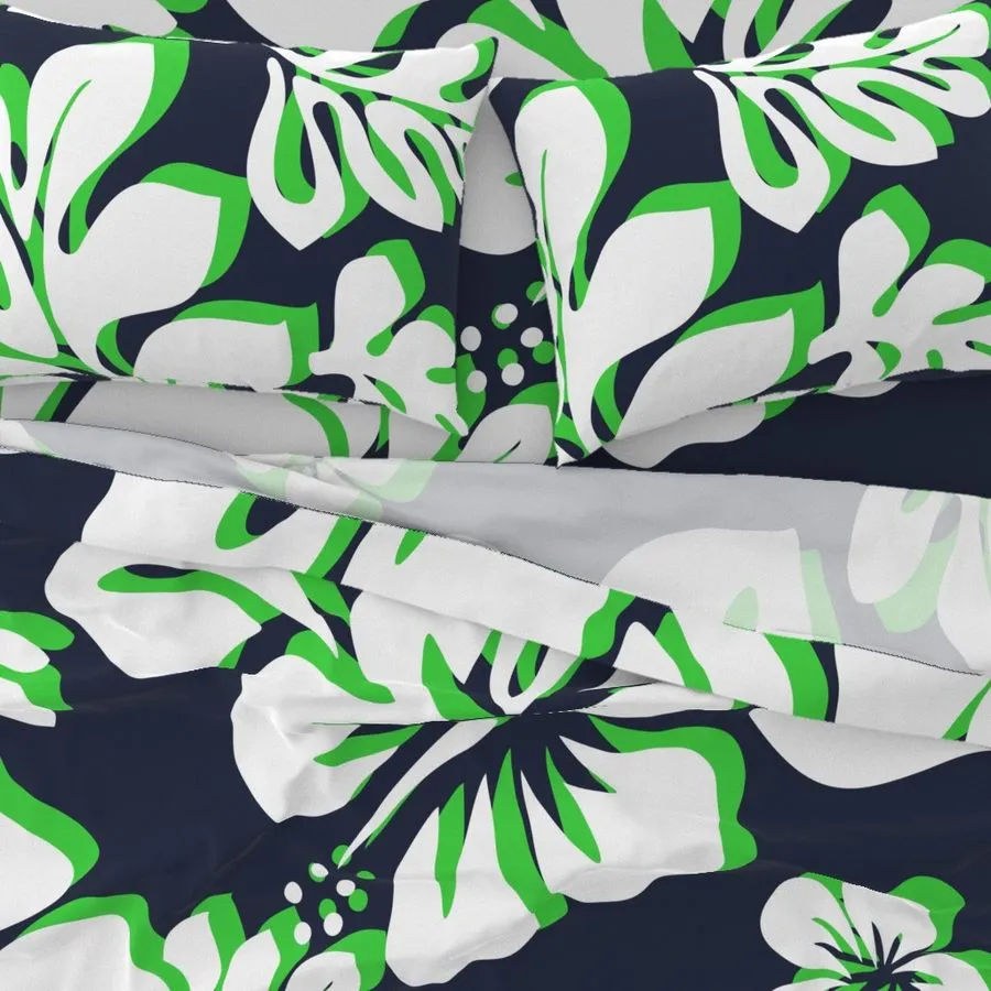 Navy Blue, Lime Green and White Hawaiian Flowers Sheet Set from Surfer Bedding™️ Large Scale