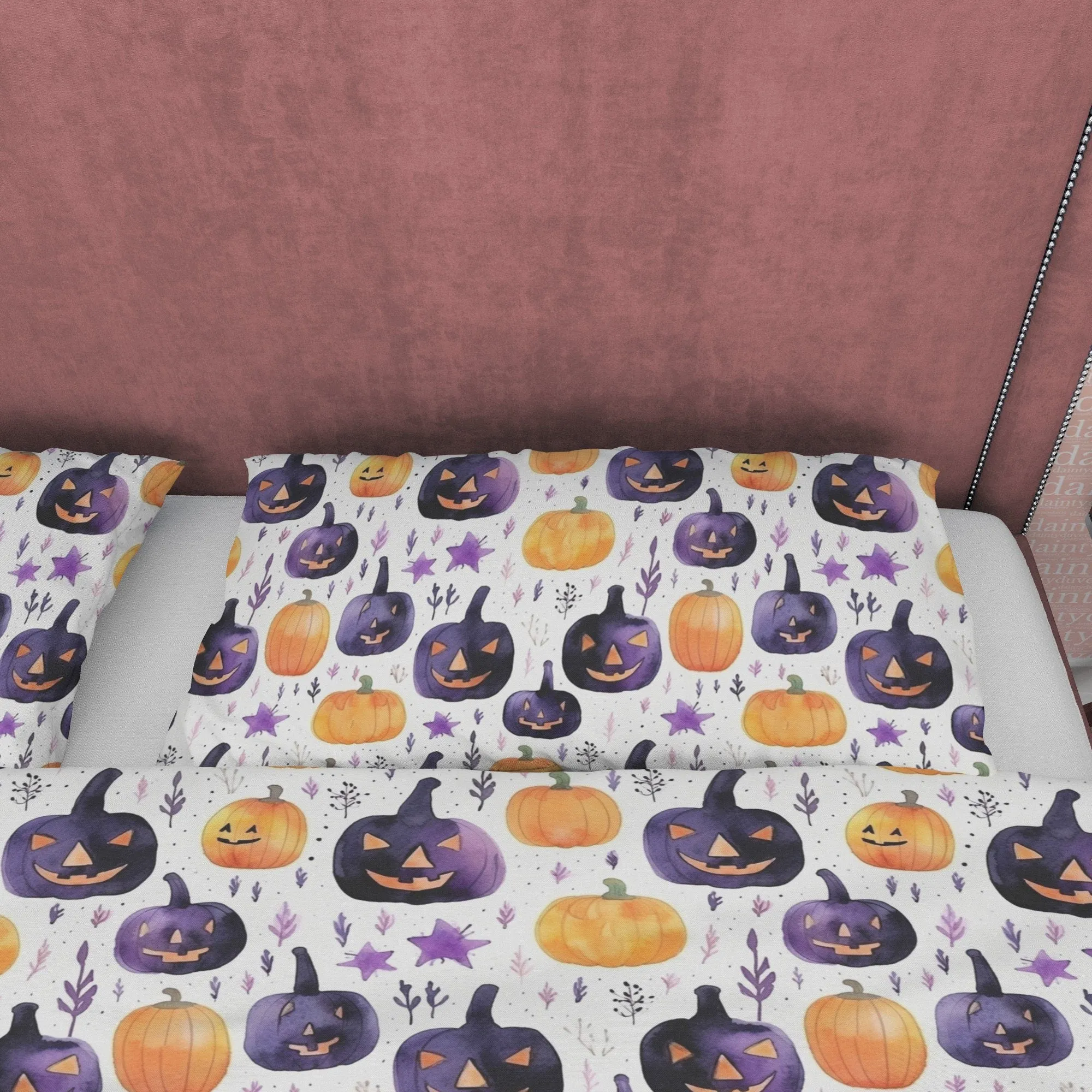 Orange & Purple Pumpkin Duvet Cover Set White Spooky Bedding, Halloween Room Decor, Aesthetic Quilt Cover, Dorm Bedding, Comforter Bed Cover