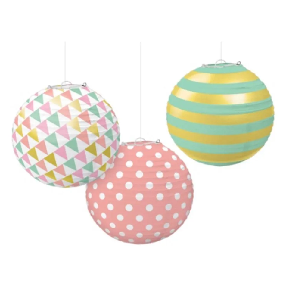 Pastel Round Paper Lanterns Foil Hot Stamped 3pk