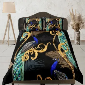 Peacock and gold baroque aesthetic bedding set full, luxury duvet cover queen, king, boho duvet, designer bedding, maximalist decor