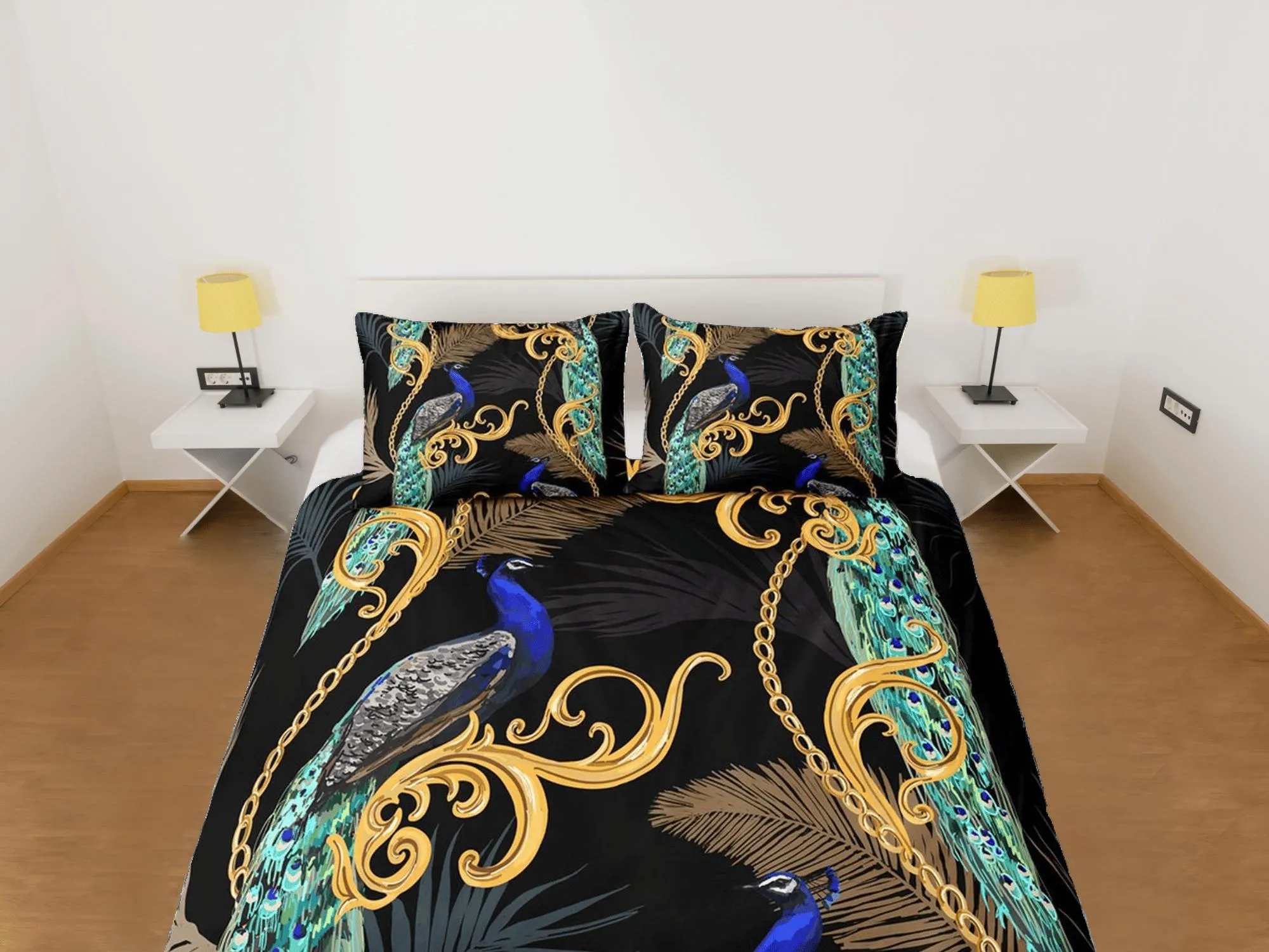 Peacock and gold baroque aesthetic bedding set full, luxury duvet cover queen, king, boho duvet, designer bedding, maximalist decor