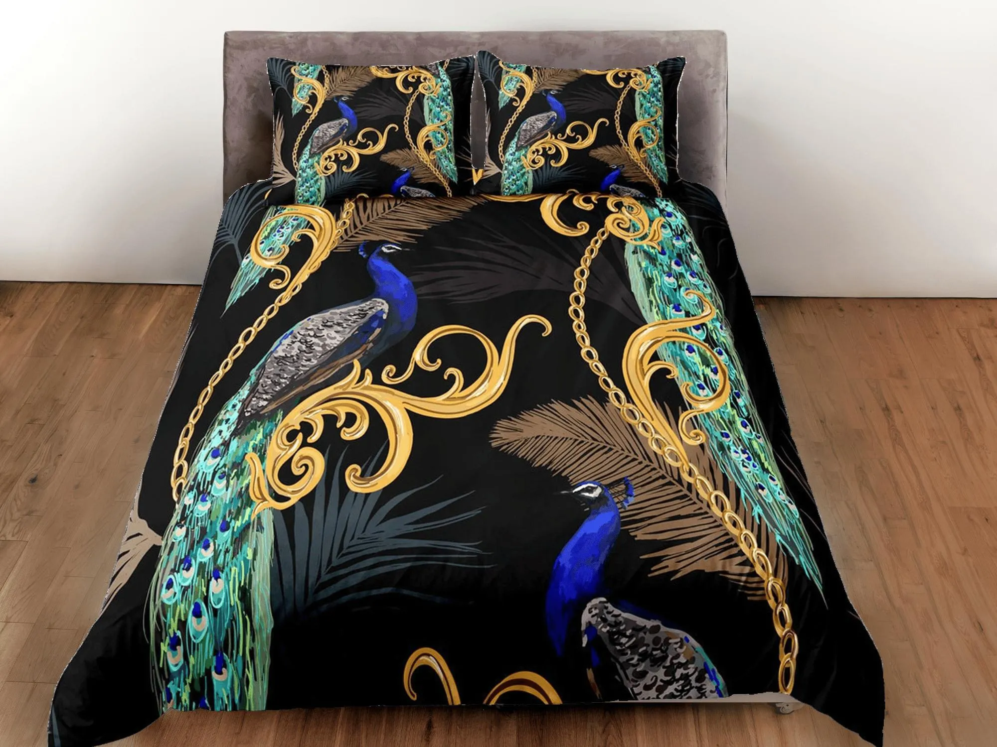 Peacock and gold baroque aesthetic bedding set full, luxury duvet cover queen, king, boho duvet, designer bedding, maximalist decor