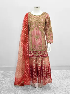 Pink Embroidered Net Suit with Sharara