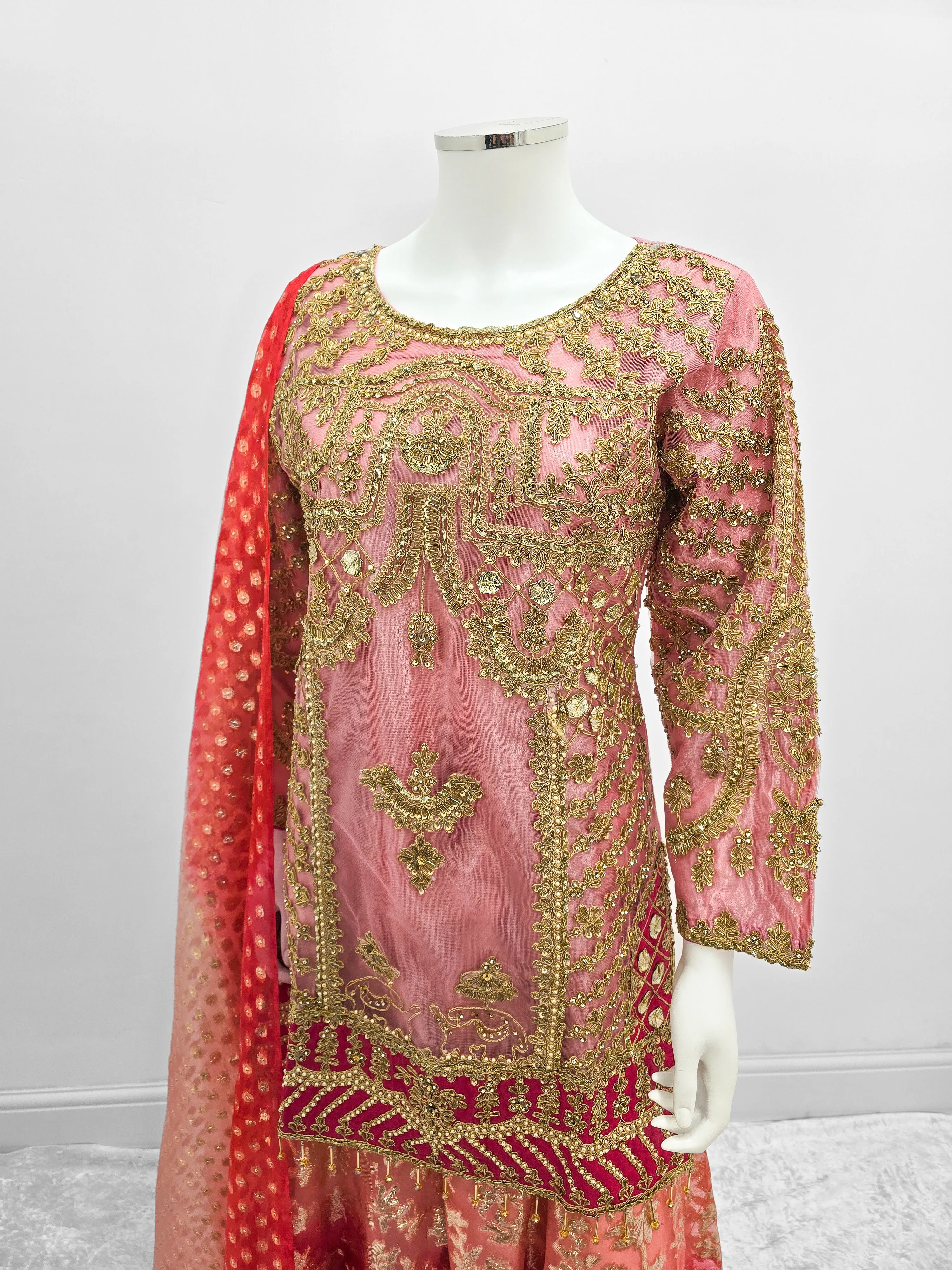 Pink Embroidered Net Suit with Sharara