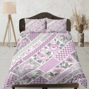 Pink floral patchwork quilt printed duvet cover set, aesthetic room decor bedding set full, king, queen size, boho bedspread shabby chic