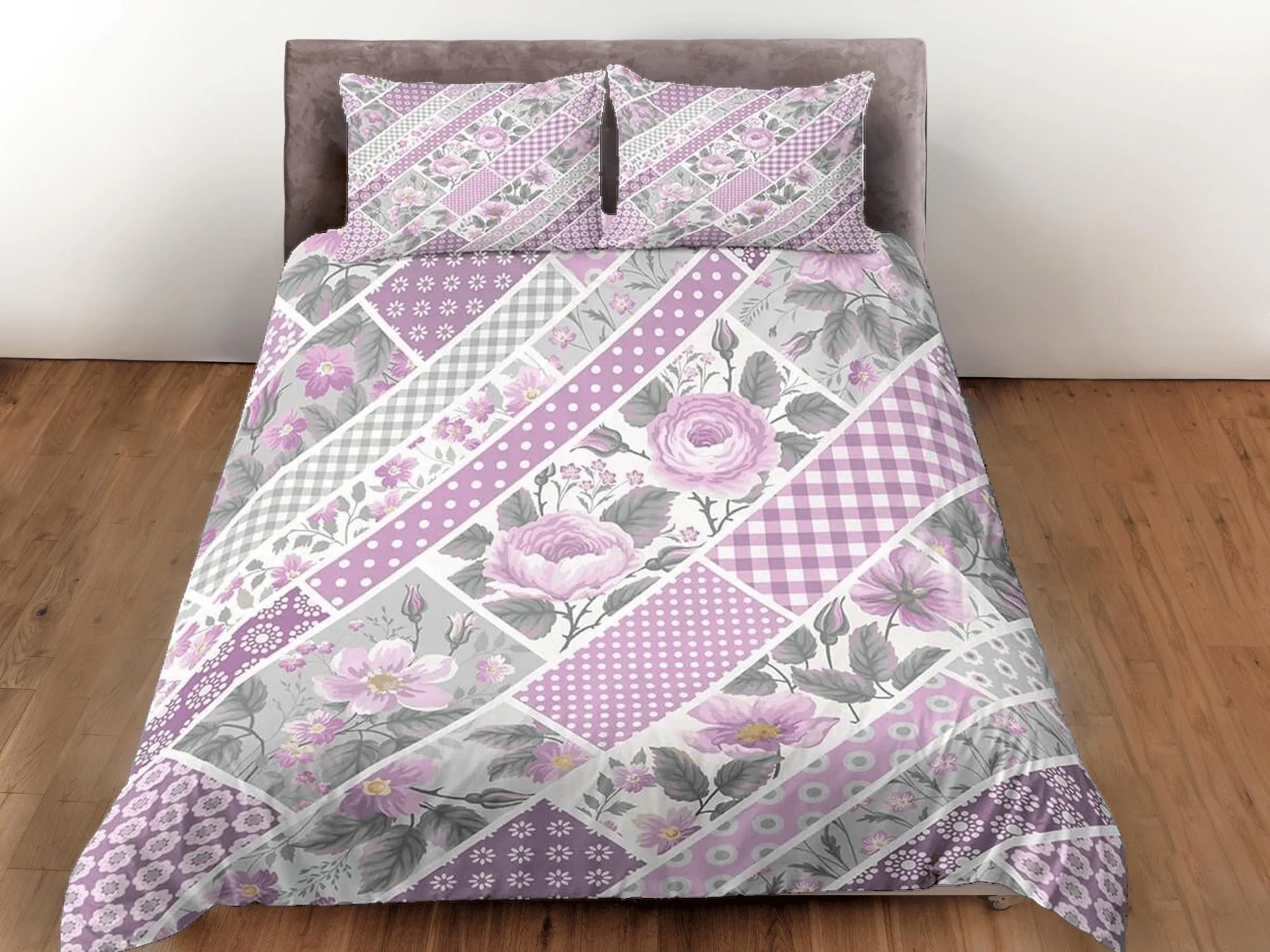 Pink floral patchwork quilt printed duvet cover set, aesthetic room decor bedding set full, king, queen size, boho bedspread shabby chic