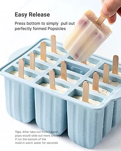 Popsicles Molds, MEETRUE 12 Pieces Silicone Popsicle Molds Easy-Release BPA-free Popsicle Maker Molds Ice Pop Molds Homemade Popsicle Ice Pop Maker with 50PCS Popsicle Sticks Cleaning Brush