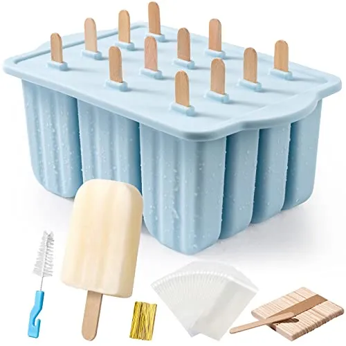 Popsicles Molds, MEETRUE 12 Pieces Silicone Popsicle Molds Easy-Release BPA-free Popsicle Maker Molds Ice Pop Molds Homemade Popsicle Ice Pop Maker with 50PCS Popsicle Sticks Cleaning Brush