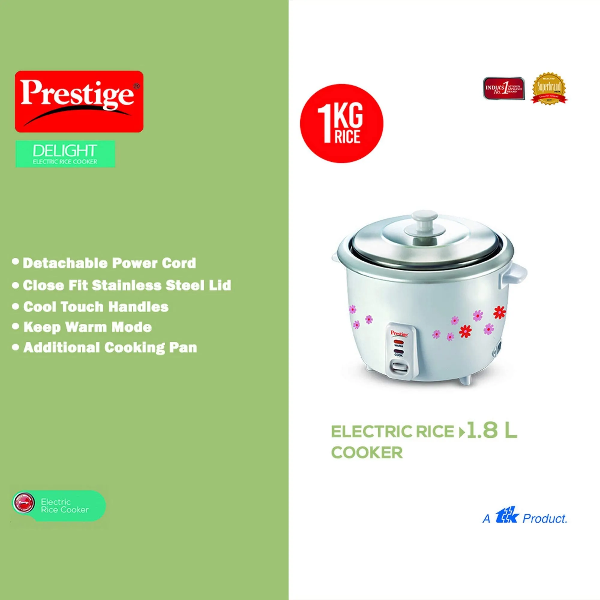 Prestige 1.8 Litres Electric Rice Cooker (PRWO 1.8 Litres)| 2 Aluminium Cooking Pans | Stainless Steel Lid | Grey/White | Cool Touch Handles | Detachable Power Cord | 700- Watt