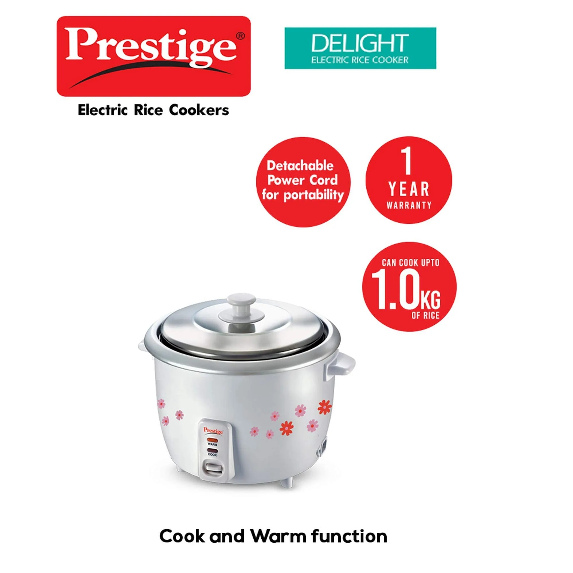 Prestige 1.8 Litres Electric Rice Cooker (PRWO 1.8 Litres)| 2 Aluminium Cooking Pans | Stainless Steel Lid | Grey/White | Cool Touch Handles | Detachable Power Cord | 700- Watt