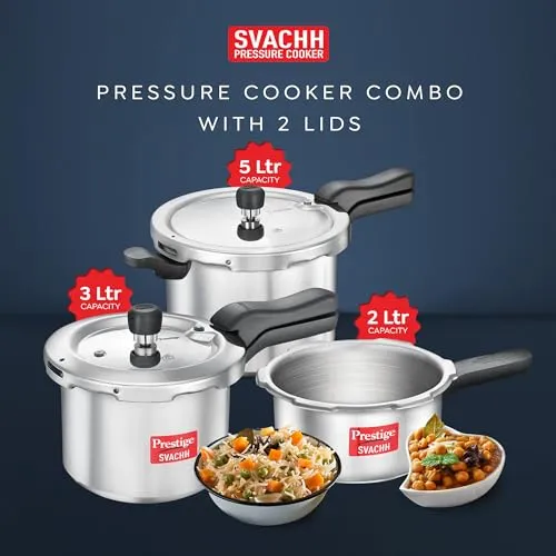 Prestige 2L 3L 5 Litres Svachh outer lid Aluminium combo Pressure Cooker with 2 Lids | Deep lid controls spillage | Gas & Induction Compatible | Safety Plug | Gasket-release system