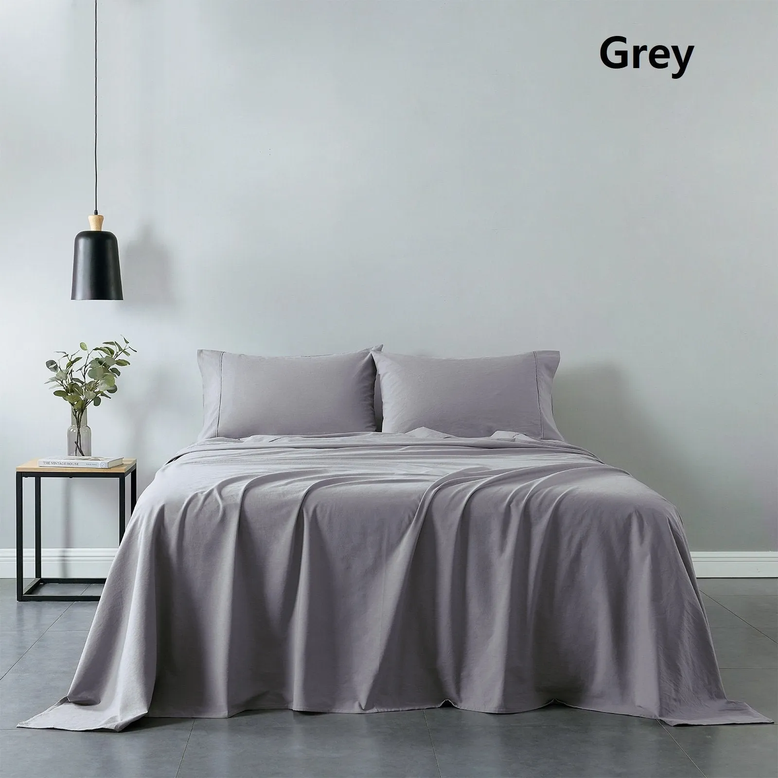 Royal Comfort Vintage Washed 100% Cotton Sheet Set Fitted Flat Sheet Pillowcases King Grey