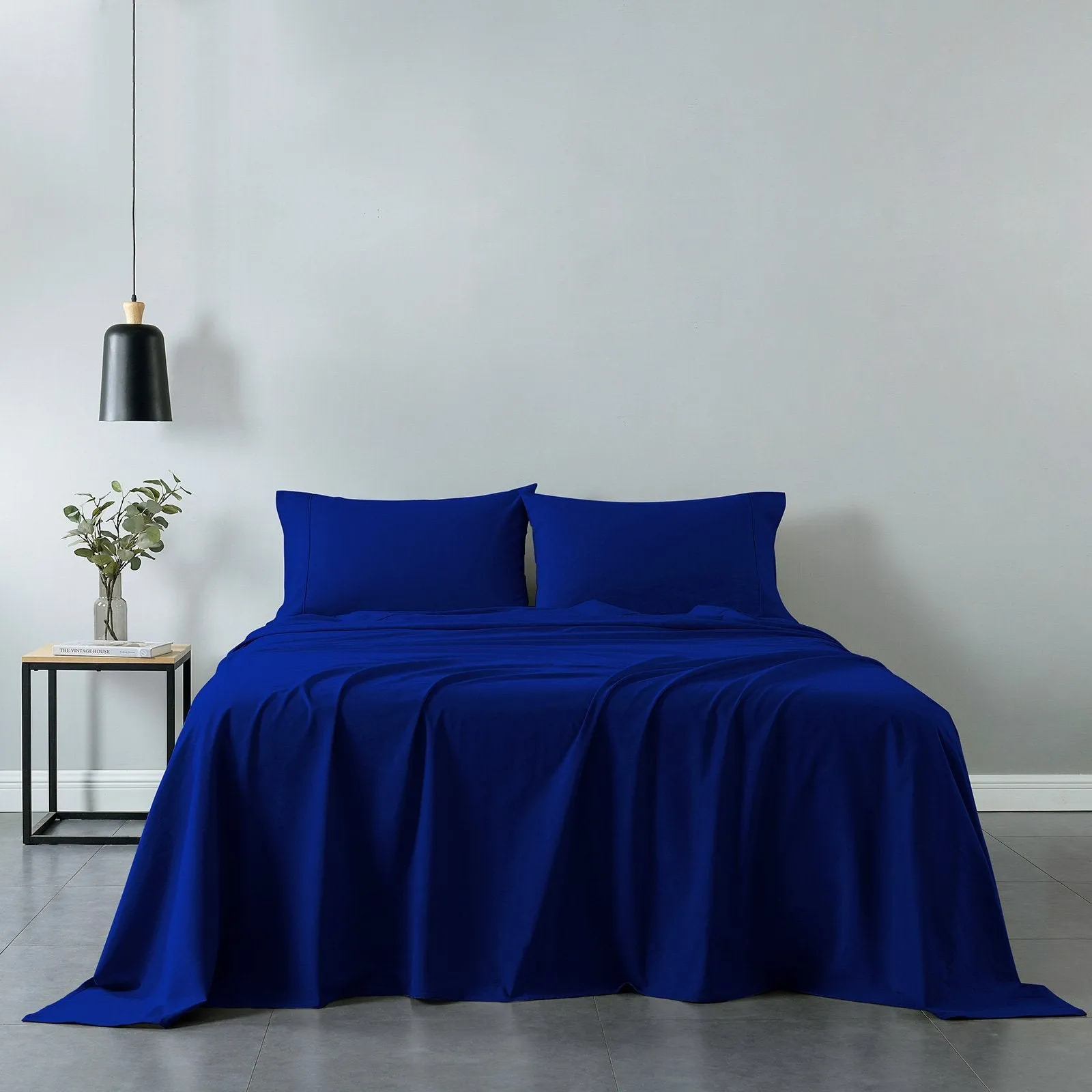 Royal Comfort Vintage Washed 100% Cotton Sheet Set Fitted Flat Sheet Pillowcases Queen Royal Blue