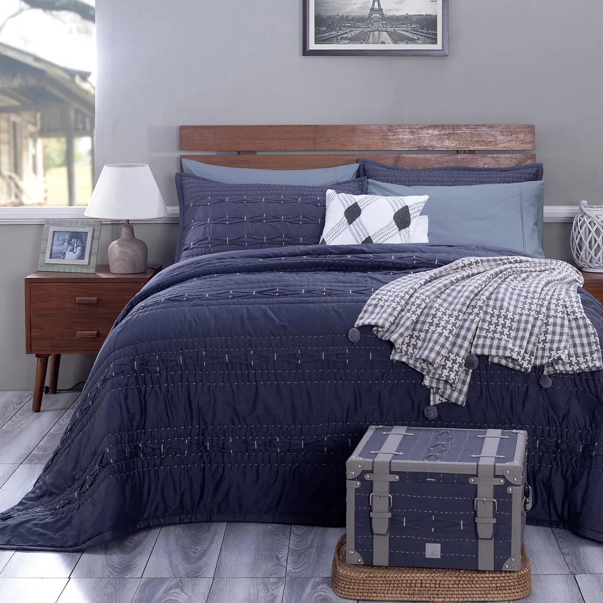 Rurban Grandoise Block Interval Grey 9PC Quilt/Quilted Bed Cover Set