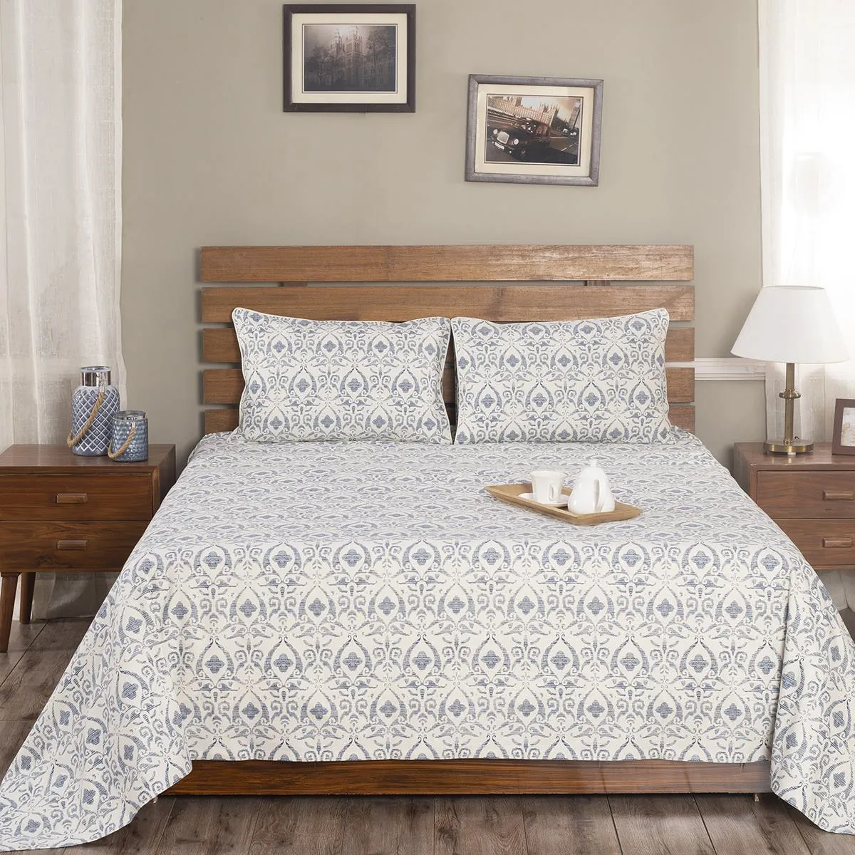 Rustic Clash Senna Blue Printed 3 Pc Bed Cover Set