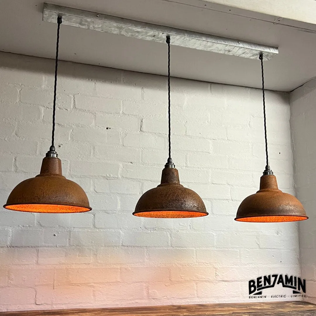 Salthouse ~ 3 x Solid Rusted Steel Shade Design Pendant Set Track Cluster Light | Dining Room | Kitchen Table | Vintage