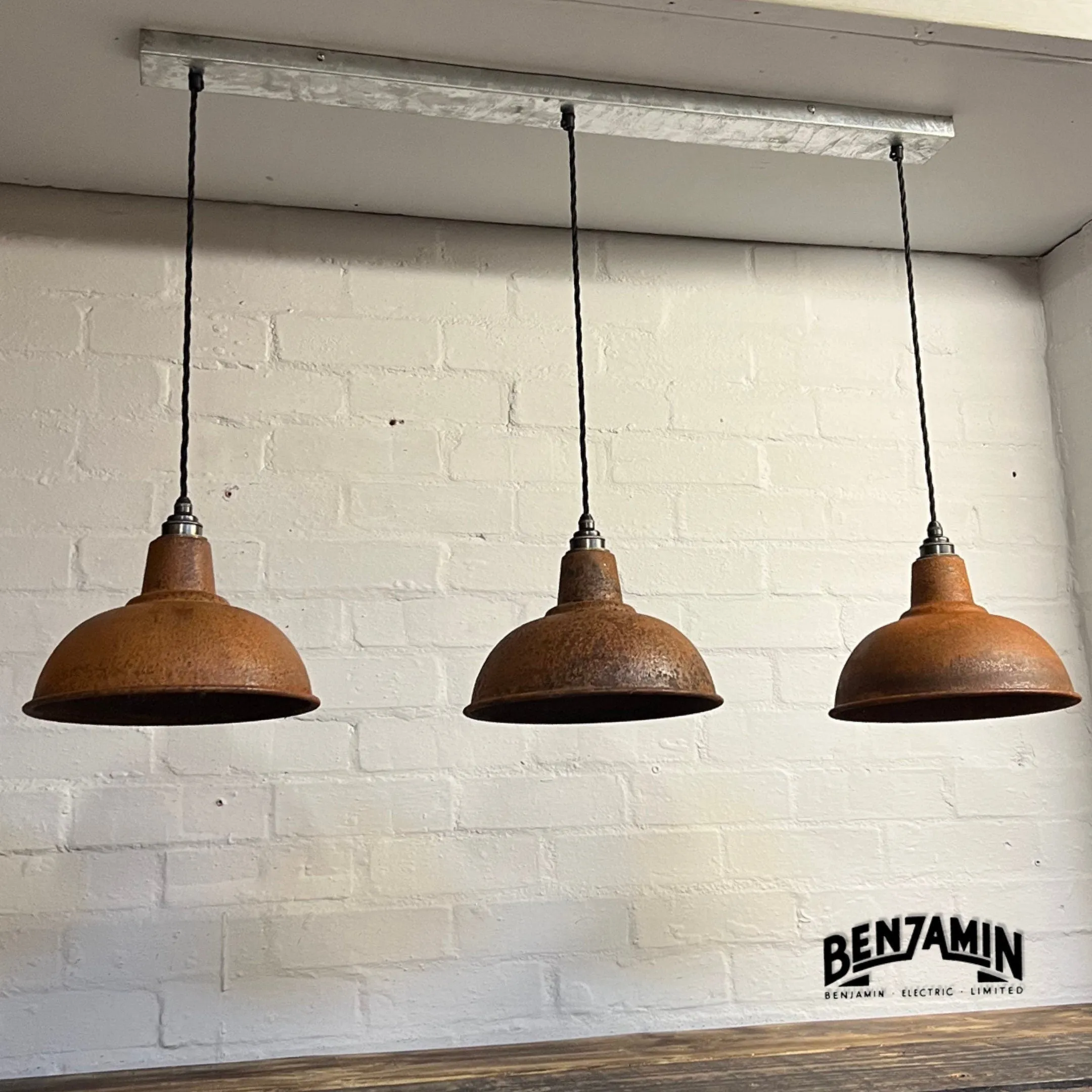 Salthouse ~ 3 x Solid Rusted Steel Shade Design Pendant Set Track Cluster Light | Dining Room | Kitchen Table | Vintage