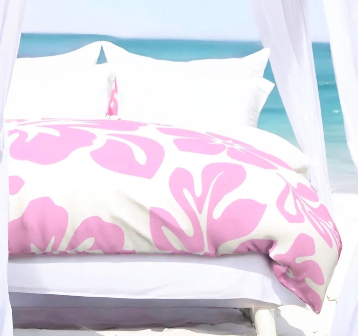 Soft Pink Hawaiian Hibiscus Flowers on White Duvet Cover -Large Scale