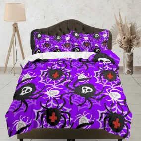 Spiders purple halloween bedding & pillowcase, gothic duvet cover, dorm bedding, halloween goth decor toddler bedding, halloween gift