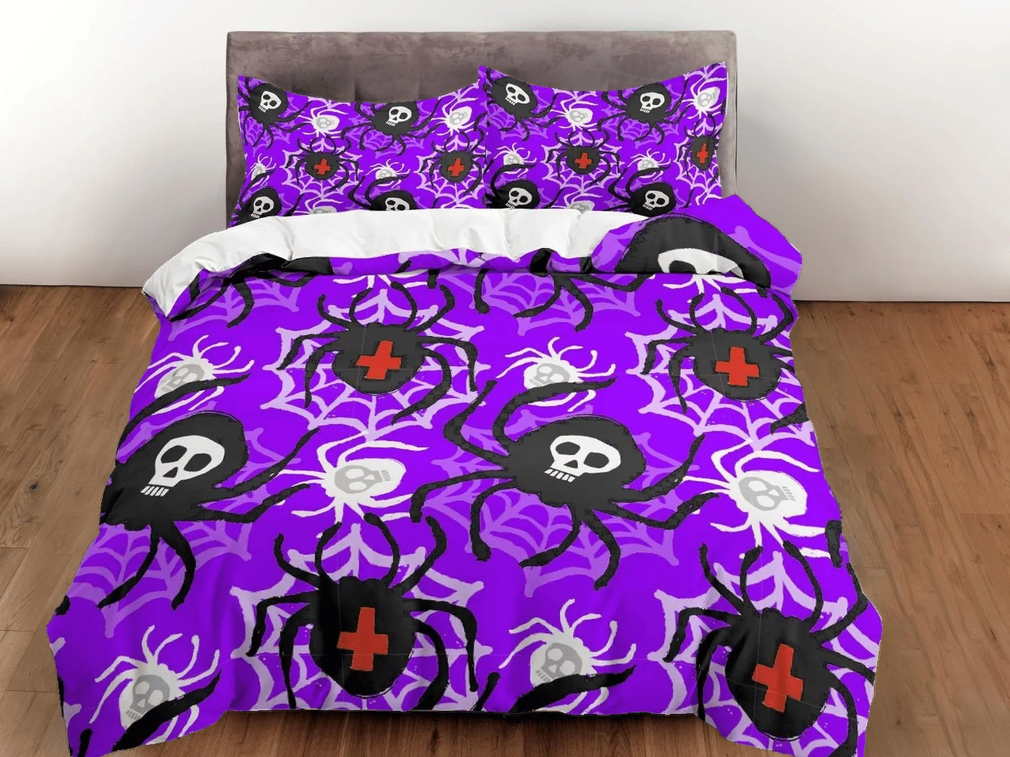 Spiders purple halloween bedding & pillowcase, gothic duvet cover, dorm bedding, halloween goth decor toddler bedding, halloween gift