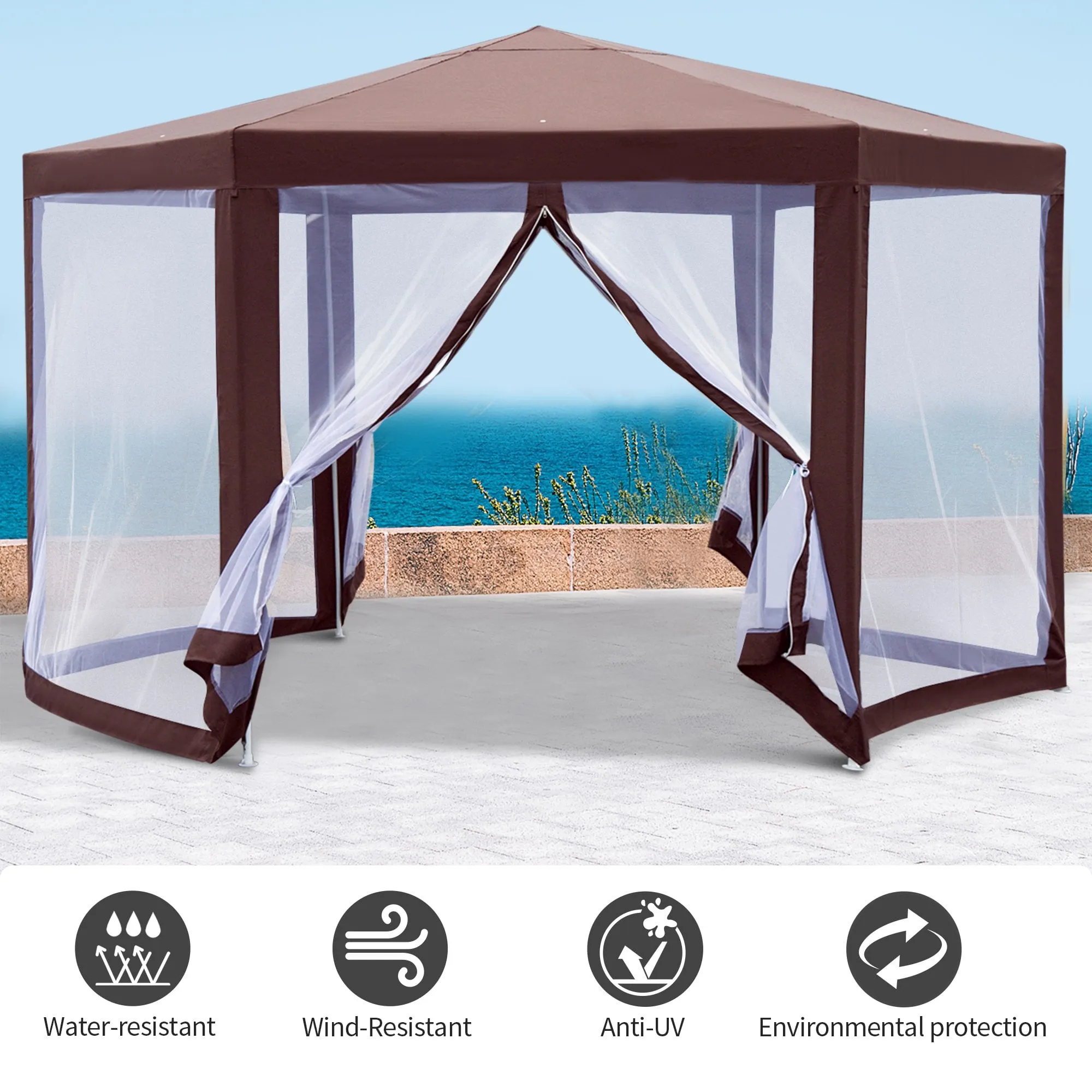 Steel Frame Garen Gazebo with Mosquito Net - Brown