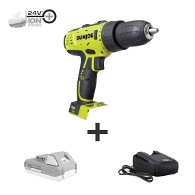 Sun Joe 24V-DD-LTE 24-Volt iON  Cordless Drill Driver Kit | W/ 2.0-Ah Battery and Charger