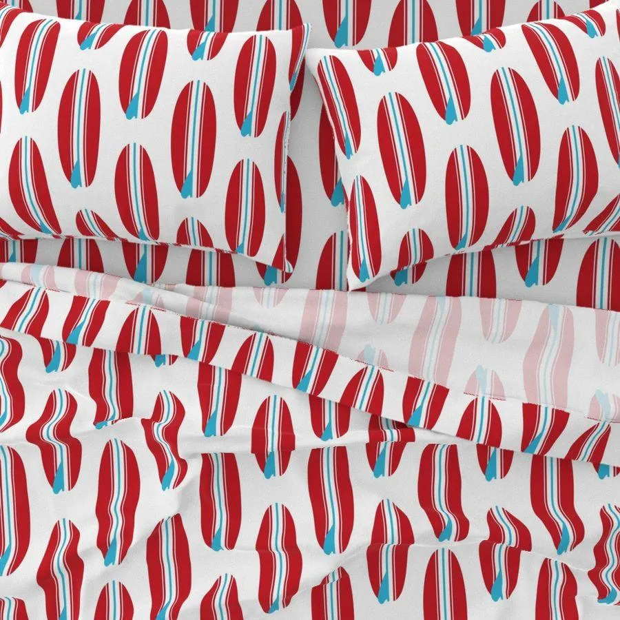 Surfer Red and Aqua Ocean Blue Classic Surfboards Sheet Set from Surfer Bedding™️ Large Scale