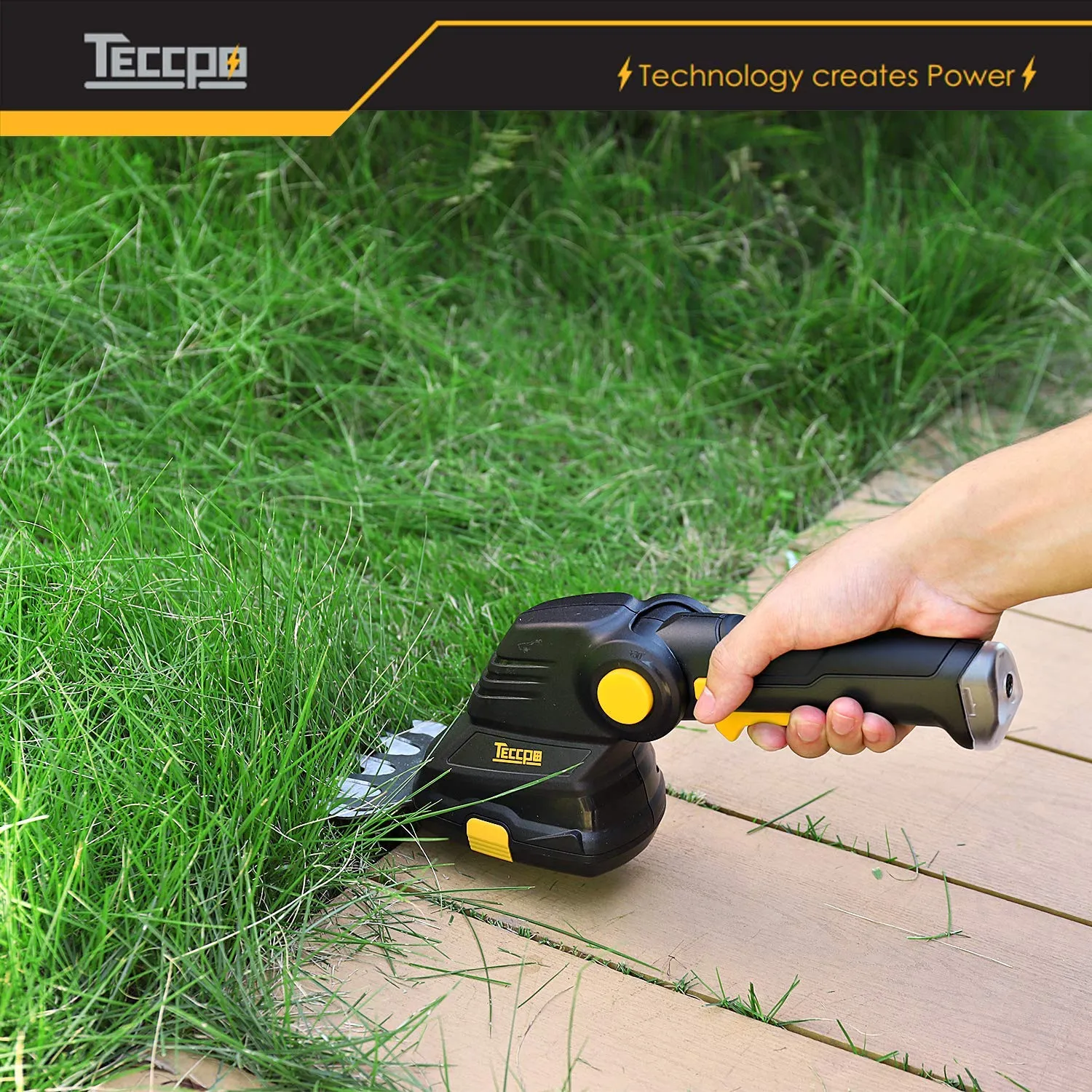 TECCPO Cordless Grass Shear, 7.2V 1.5Ah Cordless Shrub Shear and Hedge Trimmer, Quickly Load for 80min, Rotating Handle, 90mm Cutting Width. - TDGS03G