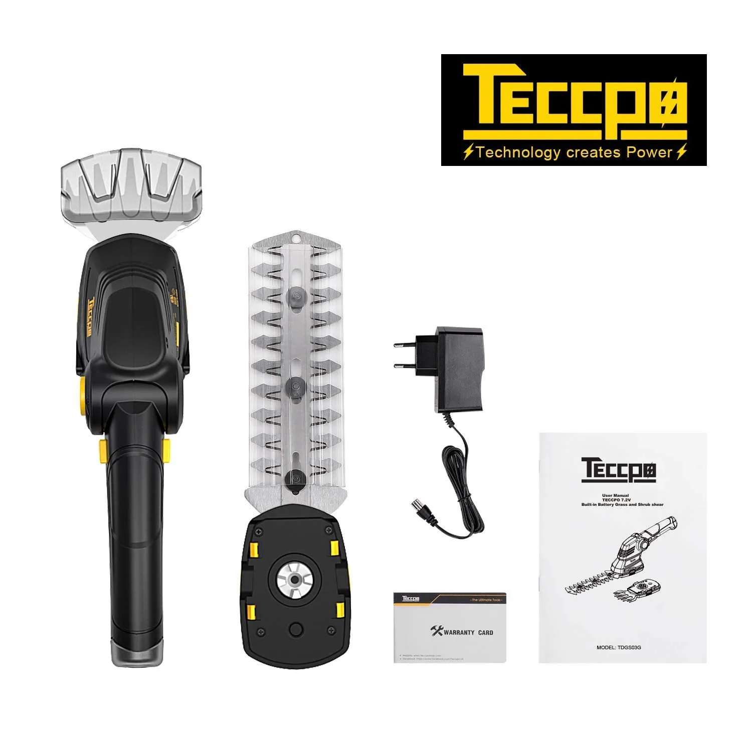 TECCPO Cordless Grass Shear, 7.2V 1.5Ah Cordless Shrub Shear and Hedge Trimmer, Quickly Load for 80min, Rotating Handle, 90mm Cutting Width. - TDGS03G