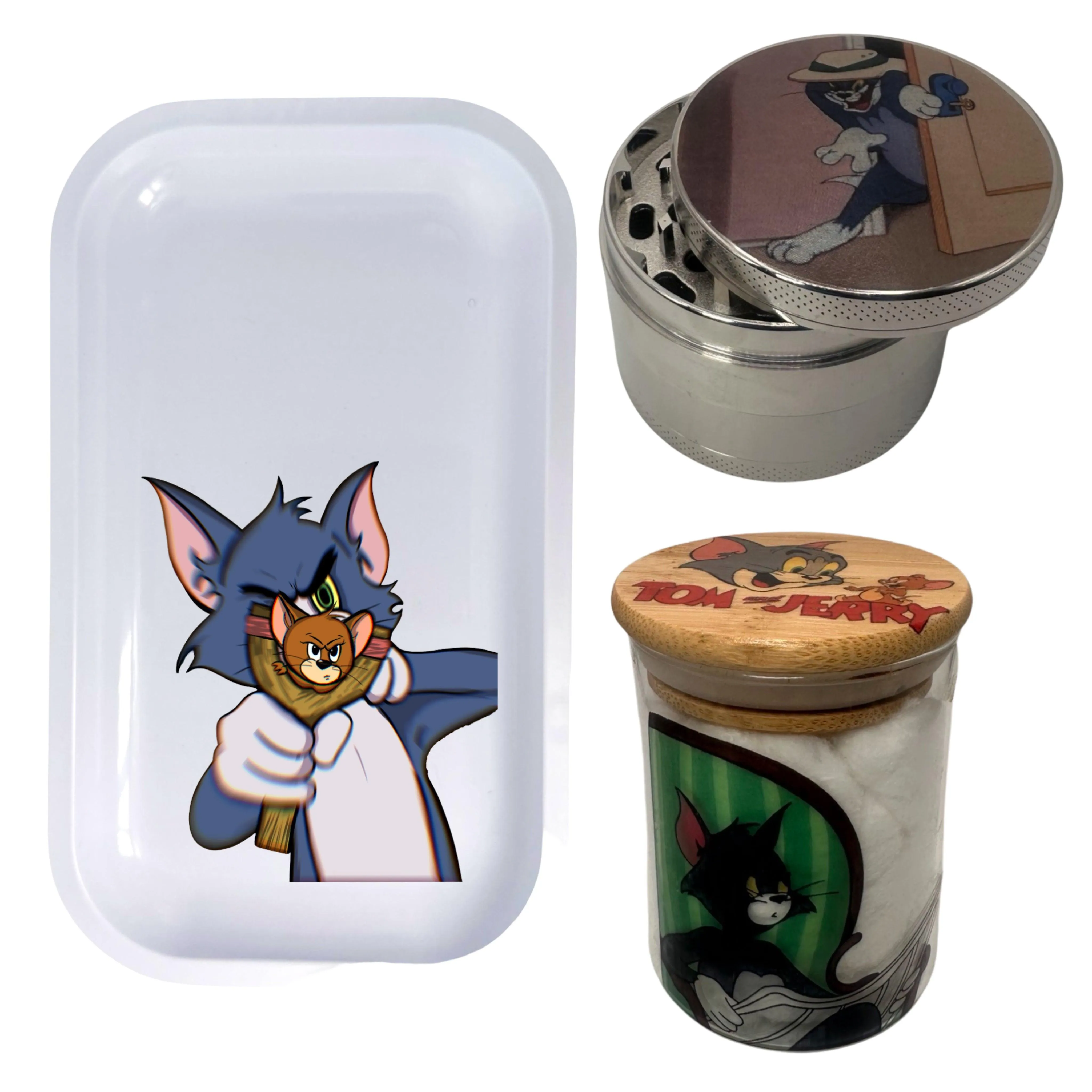 Tom and Jerry Cartoon Spice Grinder, Stash Jar, Rolling Tray Set