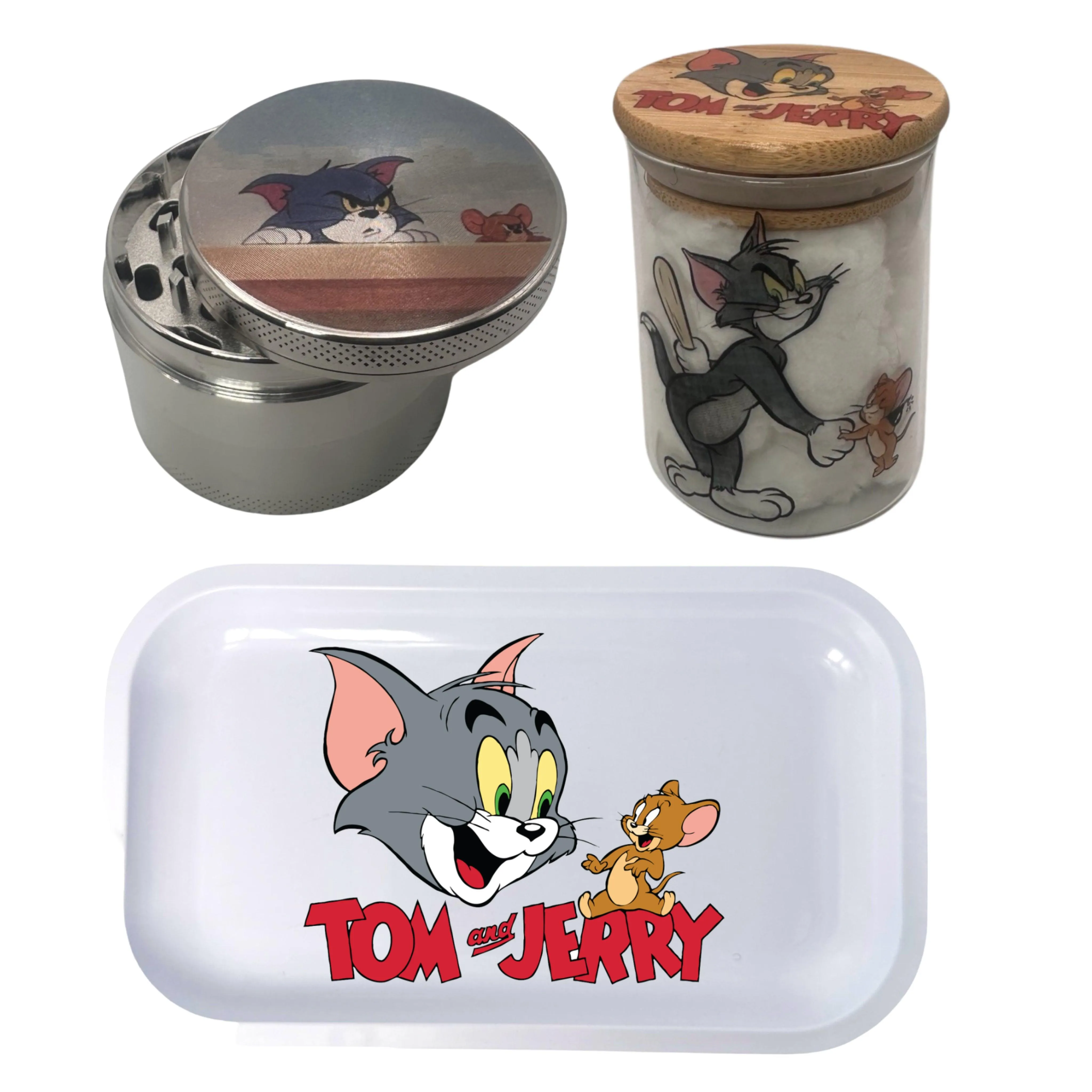 Tom and Jerry Cartoon Spice Grinder, Stash Jar, Rolling Tray Set