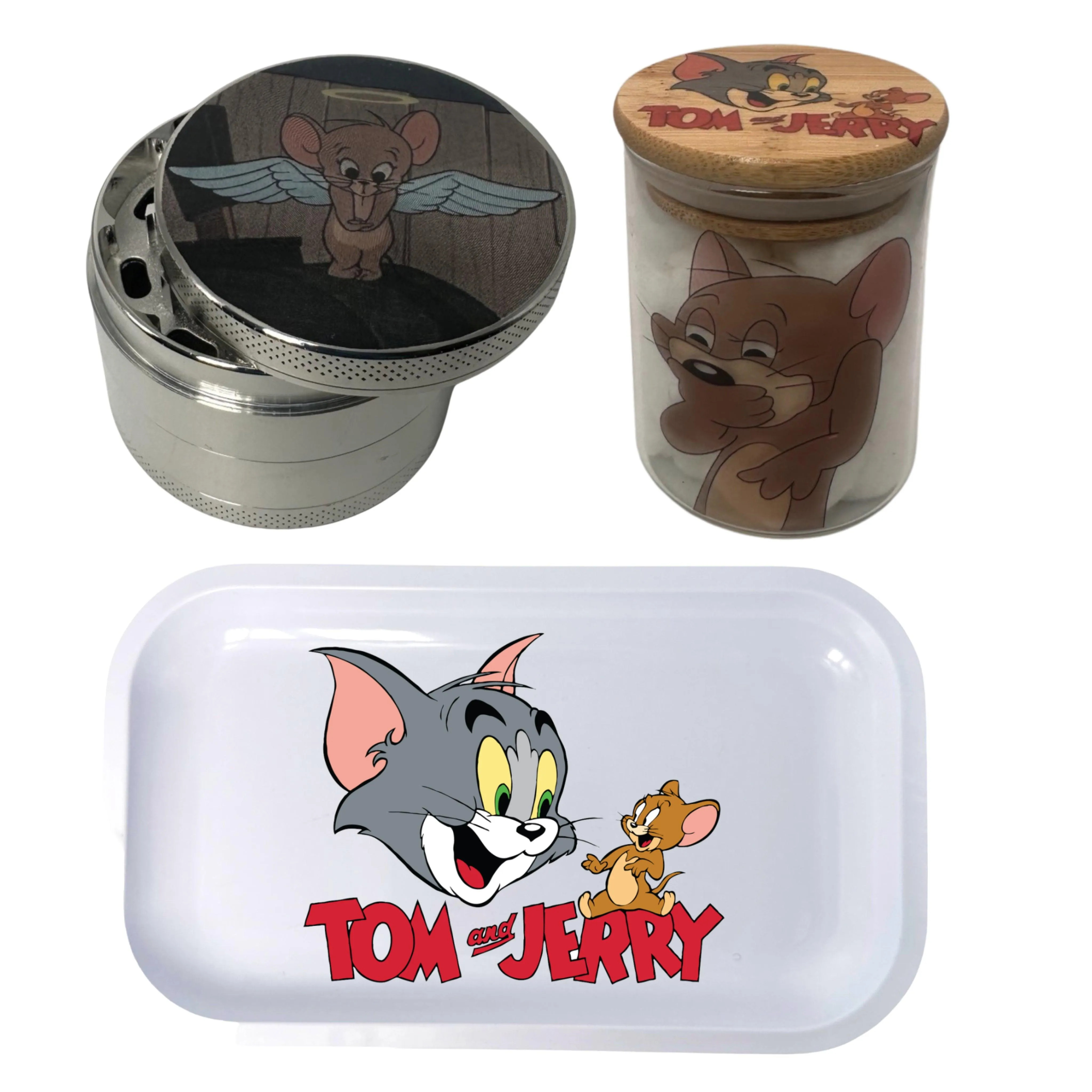 Tom and Jerry Cartoon Spice Grinder, Stash Jar, Rolling Tray Set