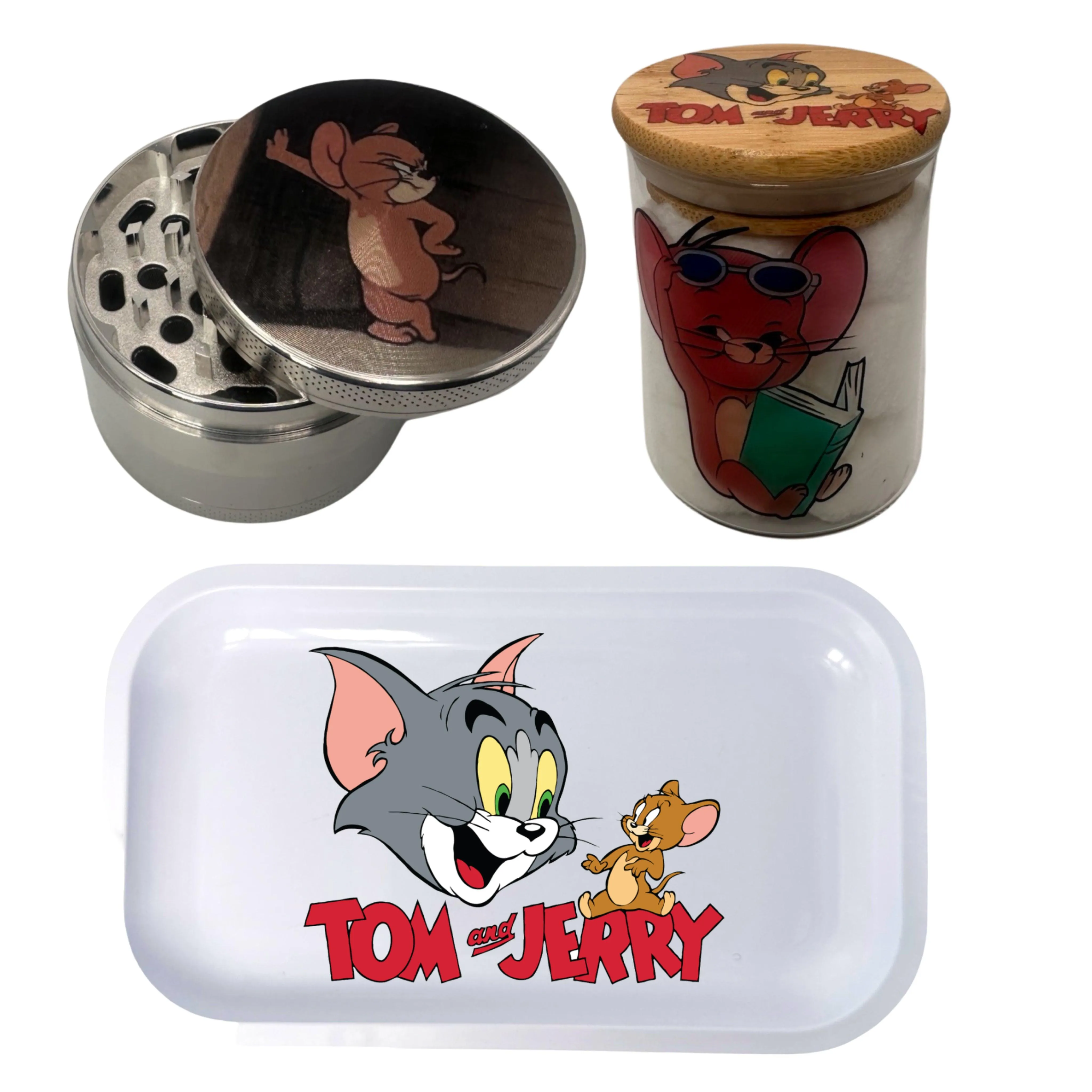 Tom and Jerry Cartoon Spice Grinder, Stash Jar, Rolling Tray Set