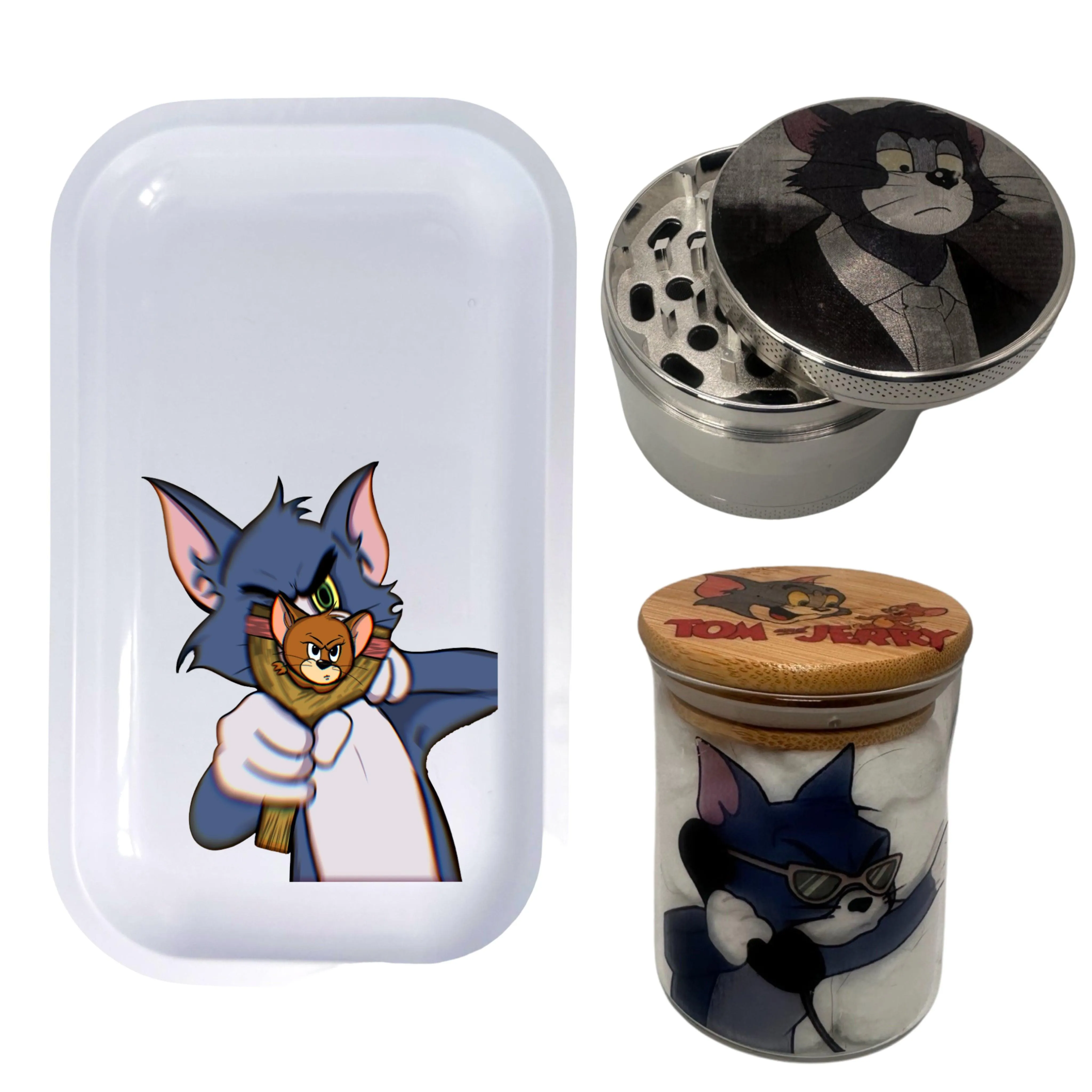 Tom and Jerry Cartoon Spice Grinder, Stash Jar, Rolling Tray Set